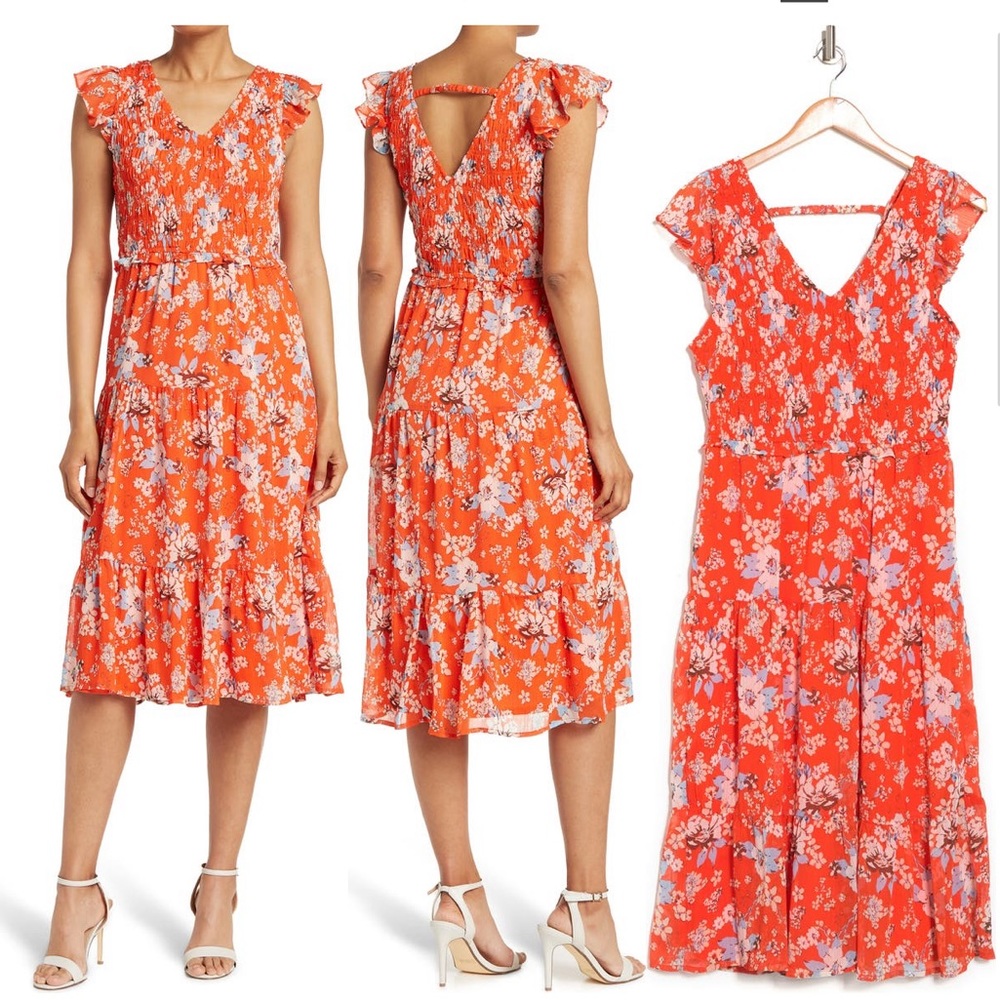 Collective Concepts - Orange Floral Smocked Bodice Midi Dress